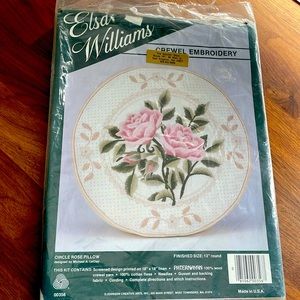 Elsa Williams Crewel Embroidery Kit CIRCLE ROSE‎ PILLOW 13'' round. Vintage